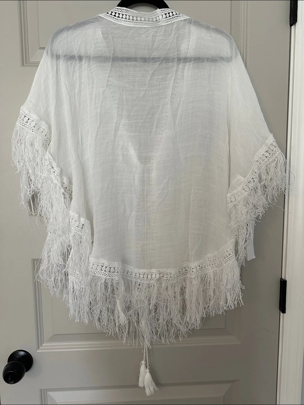 White Fringe Cotton Blend Poncho Kimono Cover Up NWT OS